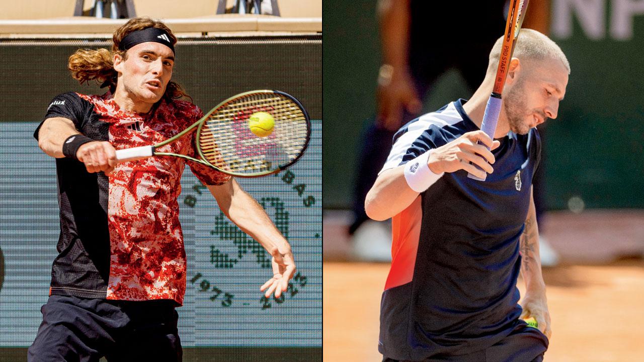 Stefanos Tsitsipas returns to Jiri Vesely in Paris yesterday (right) Daniel Evans during his match against Thanasi Kokkinakis