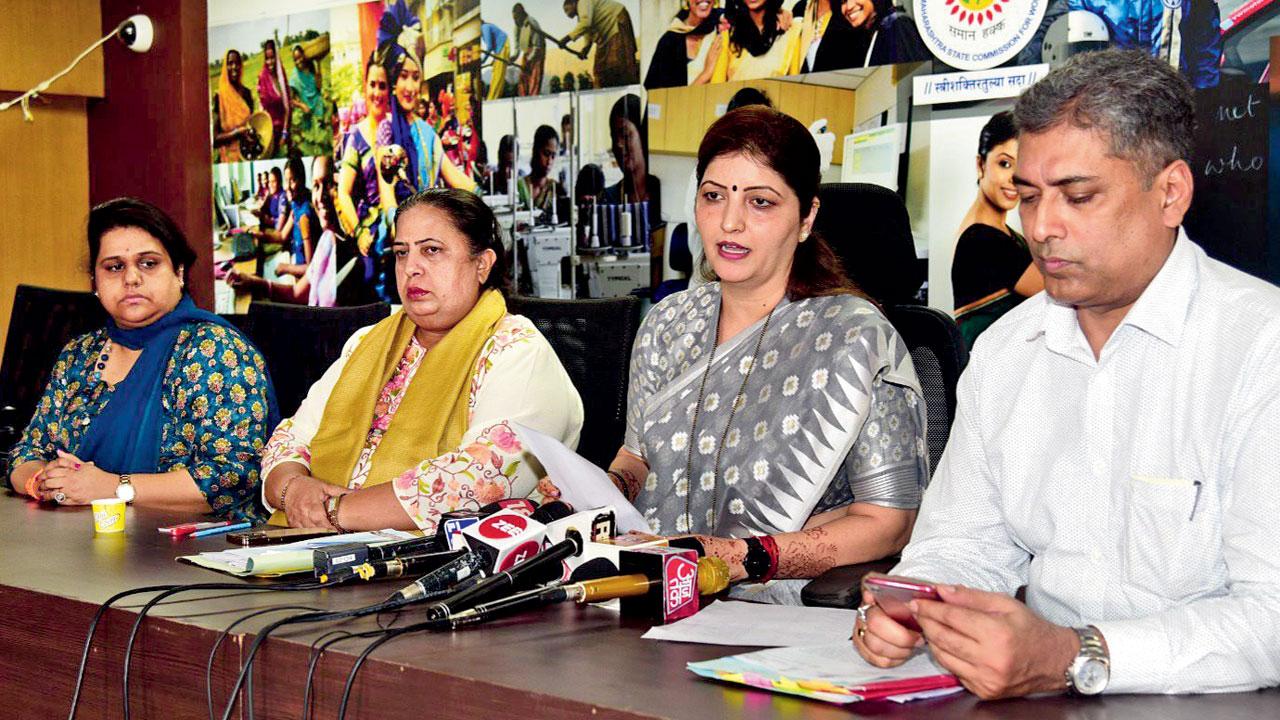 (L to R) SWC members Suprada Phaterpekar and Adv Gauri Chabria, along with SWC Chairperson Rupali Chakankar and Spl Inspector General (Women & Child Crime Prevention) Deepak Pandey at the press conference on Monday. Pic/Nimesh Dave