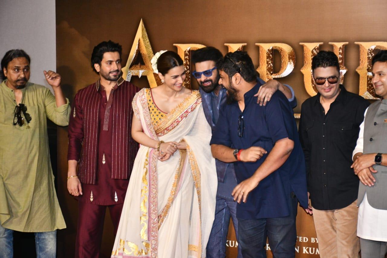 Sunny Singh, who plays Laxman, producer Bhushan Kumar and dialogue writer Manoj Muntashir with the director Om Raut, Kriti Sanon and Prabhas at the trailer launch. (Photo: Yogen Shah)