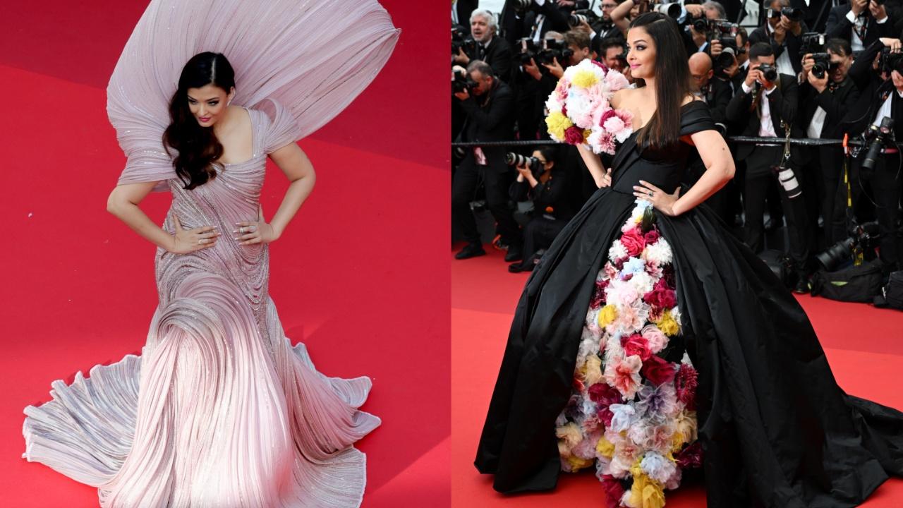 A Cannes veteran, Aishwarya Rai Bachchan never fails to amaze her fans with stunning couture at the event. At Cannes 2022, the actress donned a custom Gaurav Gupta Couture gown (left) opting for minimal accessories. Her floral black dress was by Dolce & Gabbana (right). Photo Courtesy: AFP