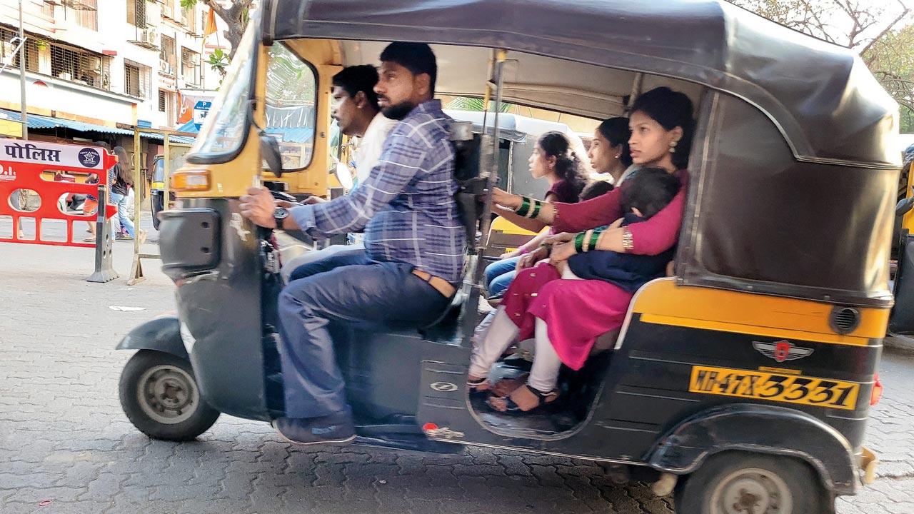 The number of passengers in autos can go up to 6, as seen here at Gorai, or even 8 (including children). Pic/Prajakta Kasale