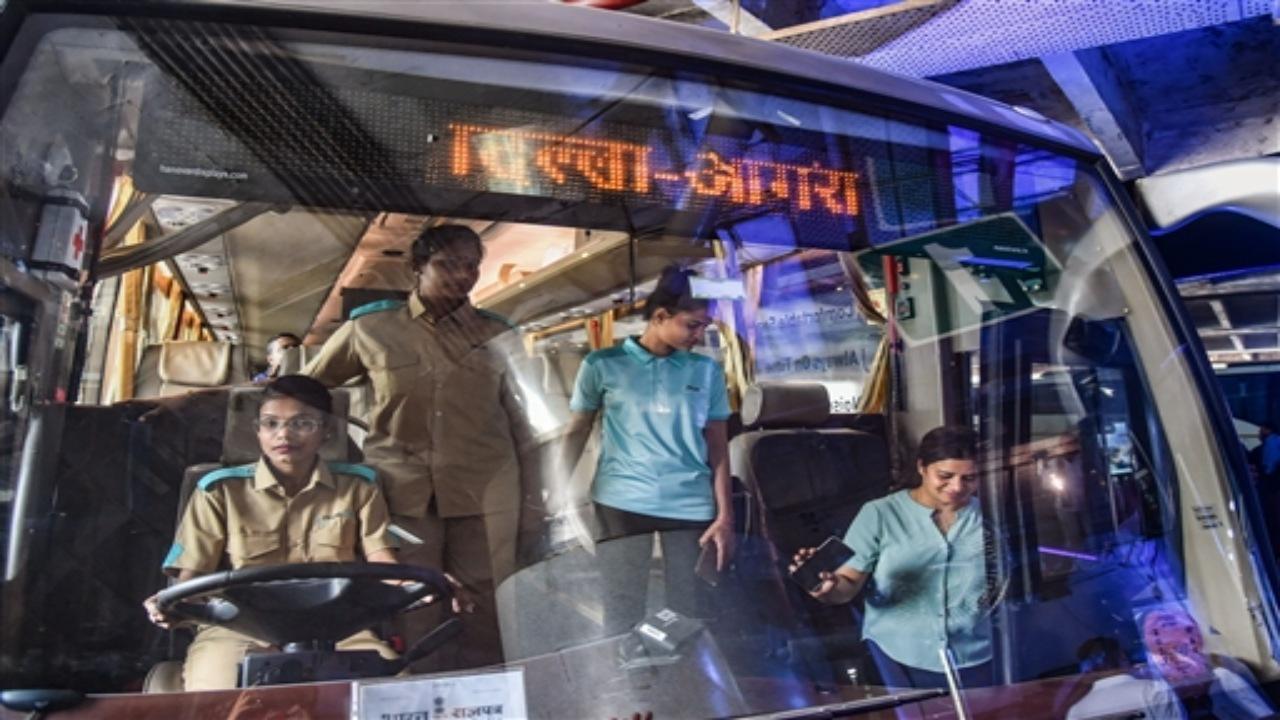 Women bus driver and conductor at the flag-off ceremony of India's first all-women intercity bus from Kashmere Gate ISBT, in New Delhi, Tuesday, May 16, 2023. PTI Photo