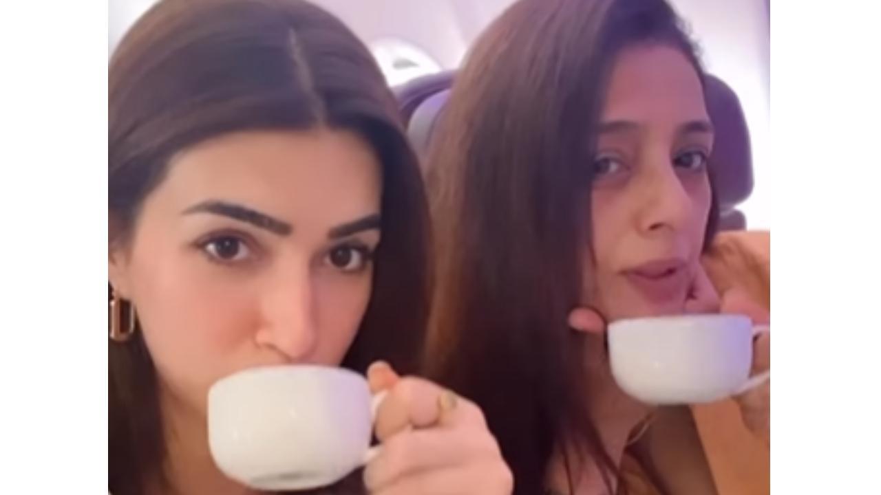 Kriti Sanon, Tabu head to Goa for 'The Crew' shoot, have 'chai pe charcha' inside plane