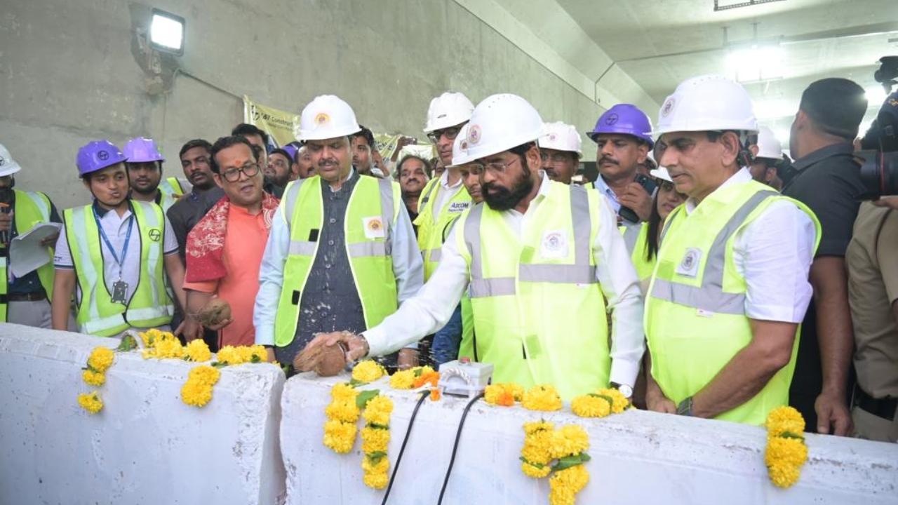 The breakthrough of the final phase of the tunnel excavation between Swarajyabhoomi-Girgaon Chowpatty and Priyadarshini Park in the Mumbai Coastal Road Project conducted in presence of Chief Minister Eknath Shinde and Deputy Chief Minister Devendra Fadnavis, a statement from the CMO said