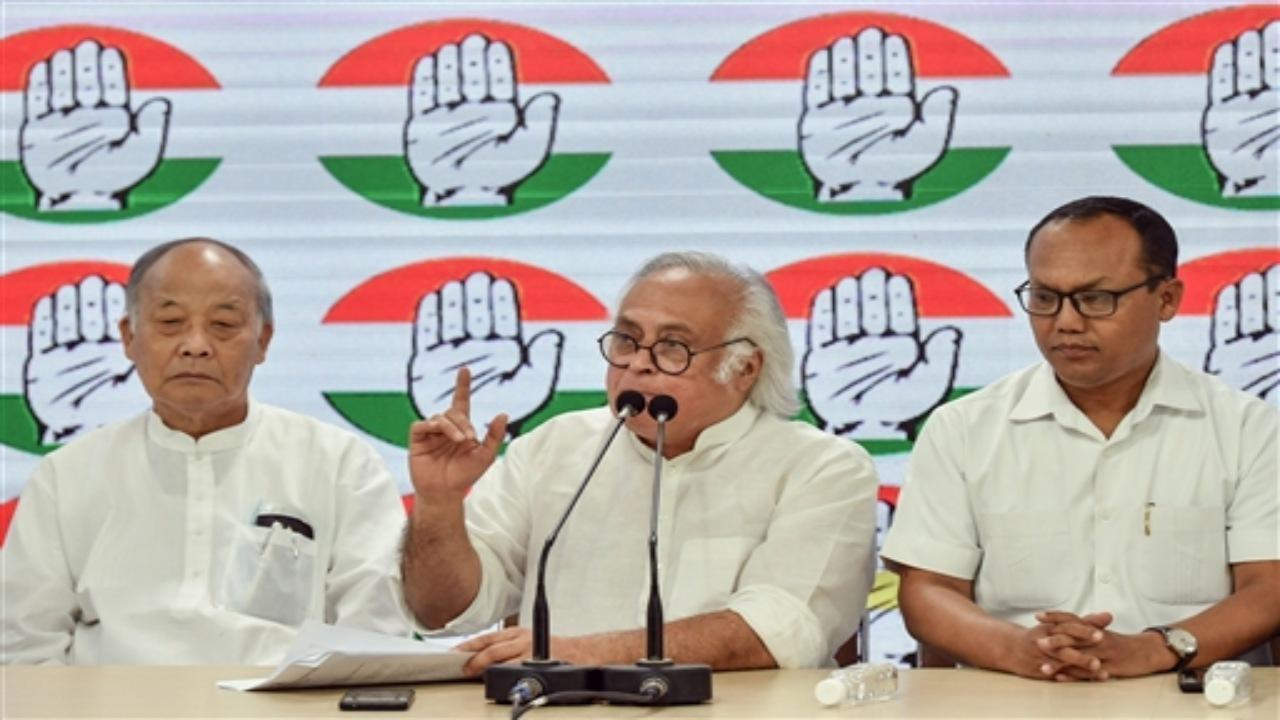 Congress Party senior leader Jairam Ramesh along with AICC Manipur in-charge Bhakta Charan Das (R) and AICC Steering Committee member Gaikhangam (L) address media during a press conference at AICC HQ in New Delhi on Tuesday. ANI Photo