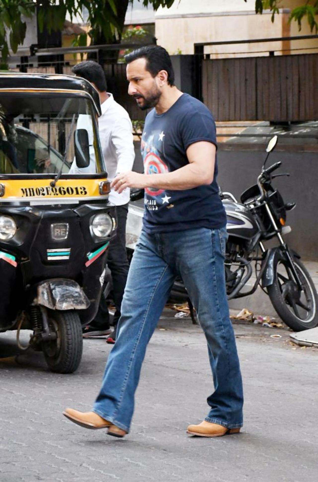 Saif Ali Khan was spotted in Bandra, rocking an all-blue ensemble and tan boots Saif Ali Khan was spotted in Bandra, rocking an all-blue ensemble and tan boots