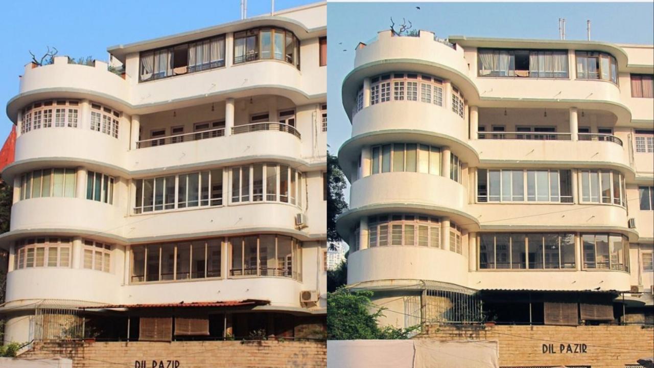 Dil Pazir, Warden road, Breach CandyArt Deco buildings also played with asymmetrical façade compositions. In Dil Pazir the rounded corner windows on the left side of the building are not replicated on the right. Likewise the projecting curving balconies are only on the right side and not symmetrically on both side. Photo Courtesy: Art Deco Mumbai