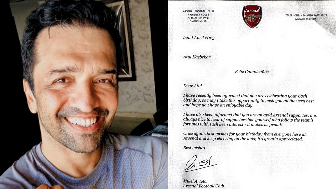 The personalised letter that was couriered to Kasbekar’s home by the Arsenal Football Club; (left) Atul Kasbekar. Pics Courtesy/Twitter