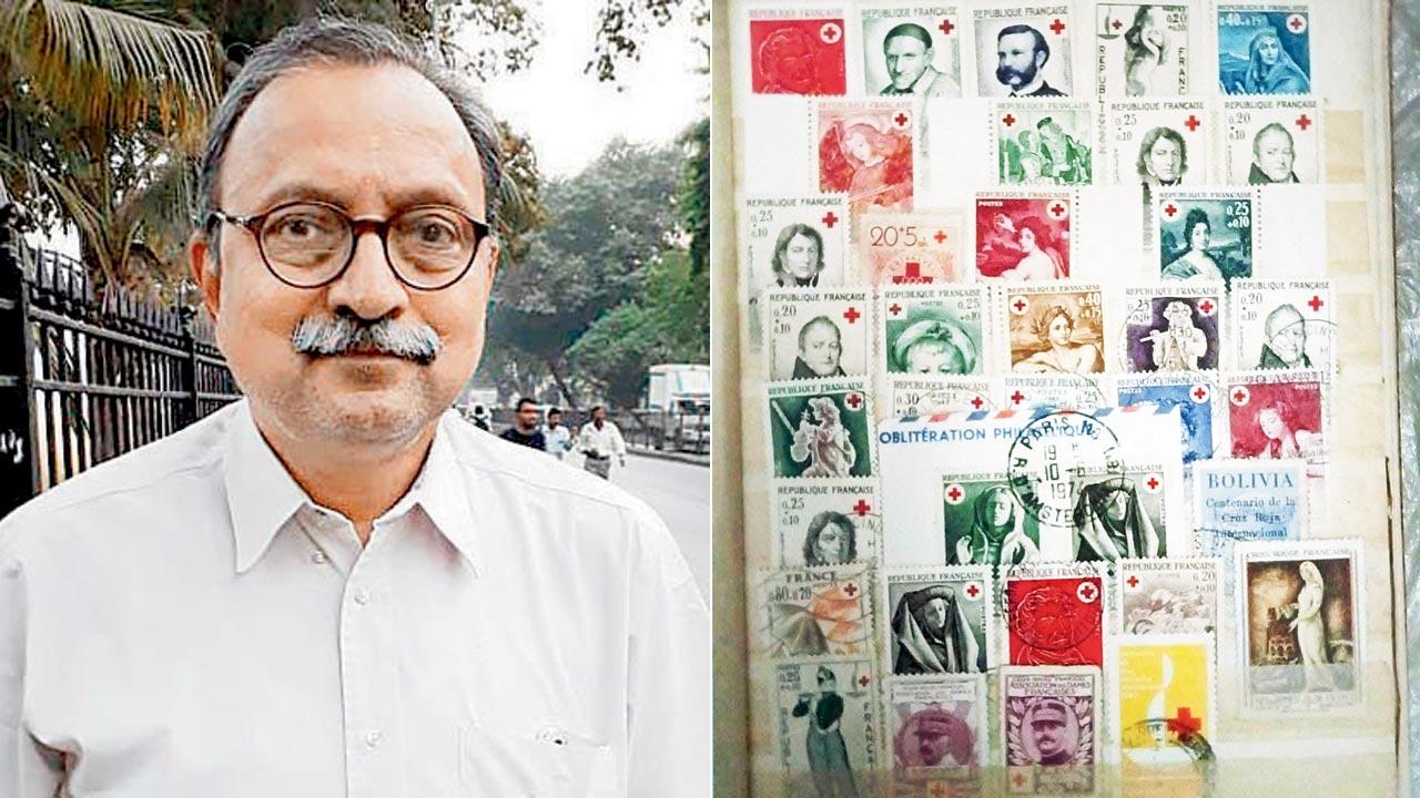 Rajan Jayakar; (right) A page from Jayakar’s Red Cross stamp collection