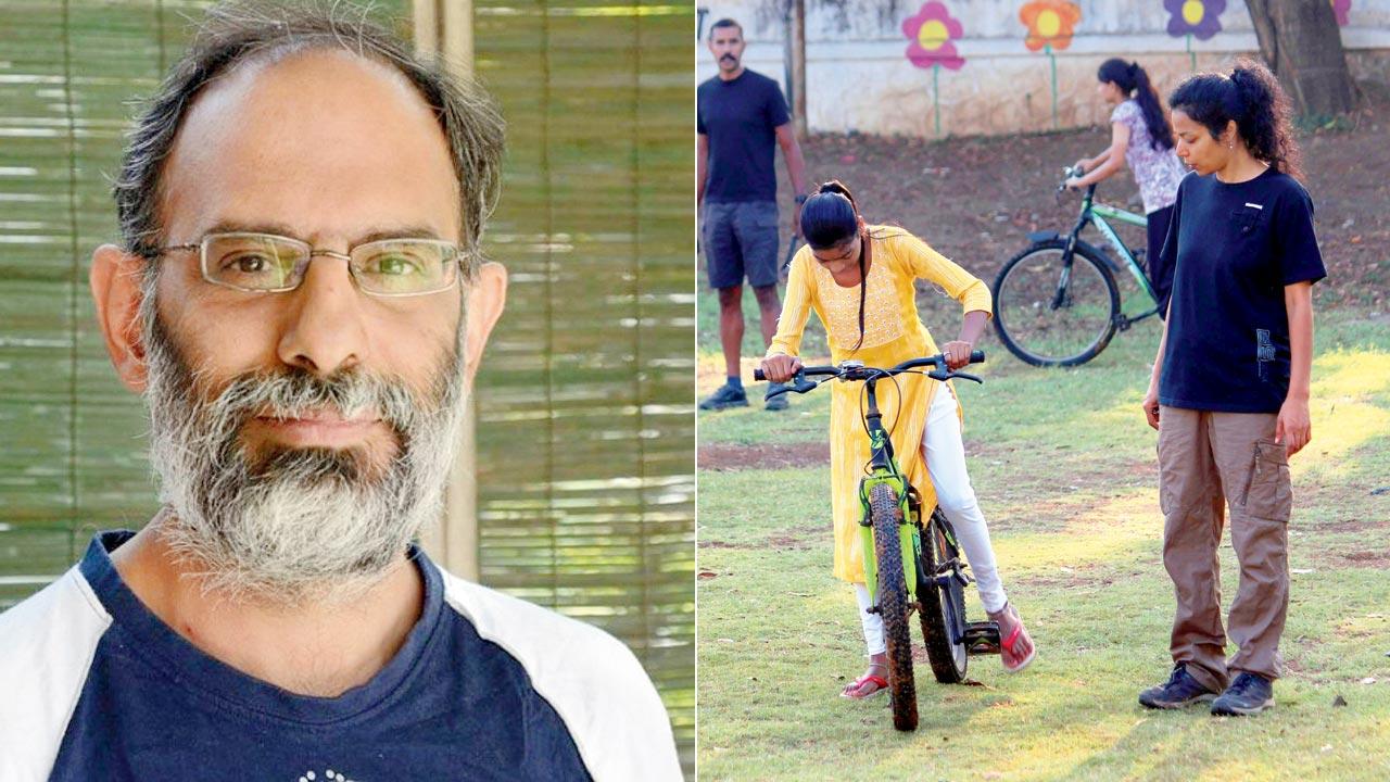 Ranjit Gadgil; (right) An official from Parisar teaches a girl how to ride a bicycle