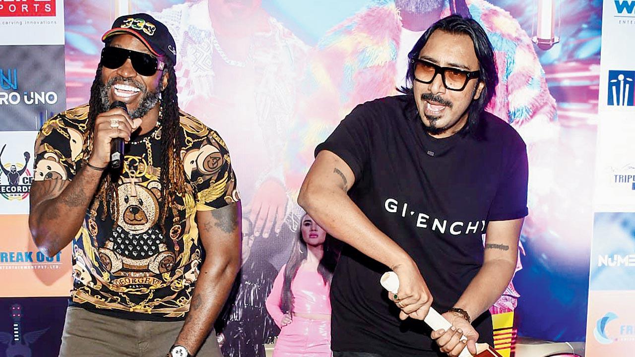 Chris Gayle and Arko Pravo Mukherjee at the launch of the song 