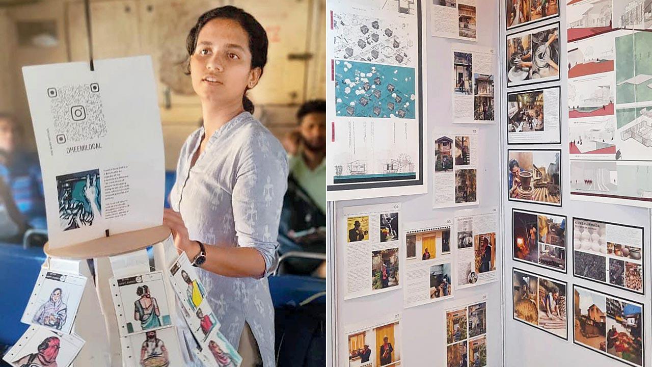 Diya Mary Joseph showcasing her Dheemi Local exhibition in a train compartment back in February 2023; (right) the Rizvi showcase stall at the event