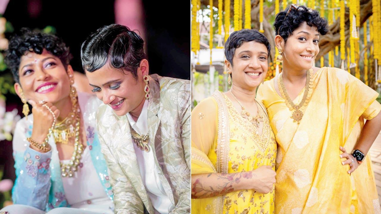Anuja Parikh and Rupa Sengupta “wed” in an intimate ceremony in Mumbai last December with friends and family in attendance. They did away with patriarchal wedding rituals like the kanyadan and took turns to dress in both feminine and masculine fashion