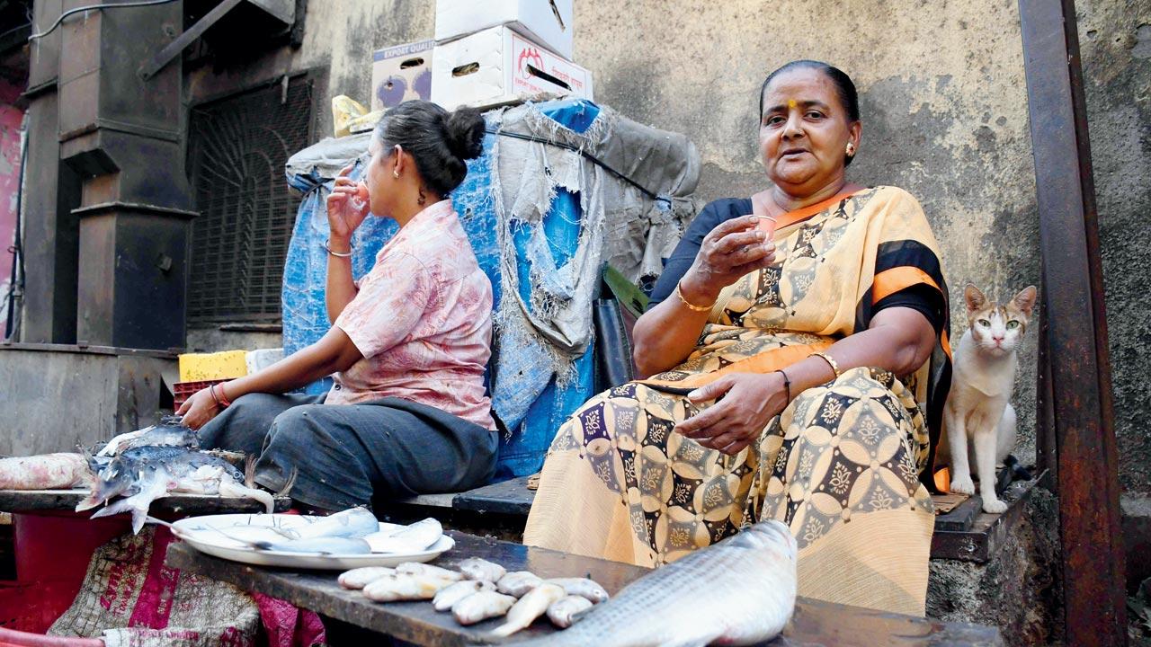 Sumati Ganesh Dingankar seen selling fish on Shrikant Palekar Marg in Chira Bazaar, on a weekday evening. She drinks watermelon juice to beat the heat. Pic/Ashish Raje