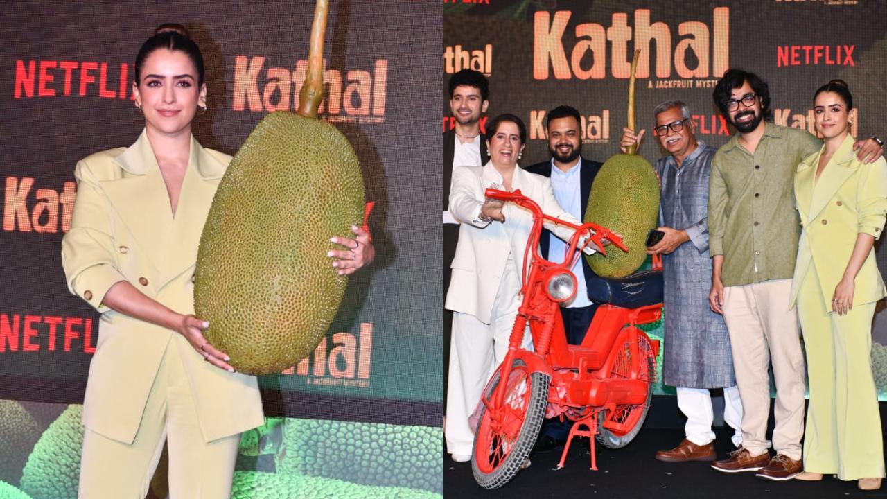Sanya Malhotra and Co pose with a big jackfruit at the trailer launch of Kathal