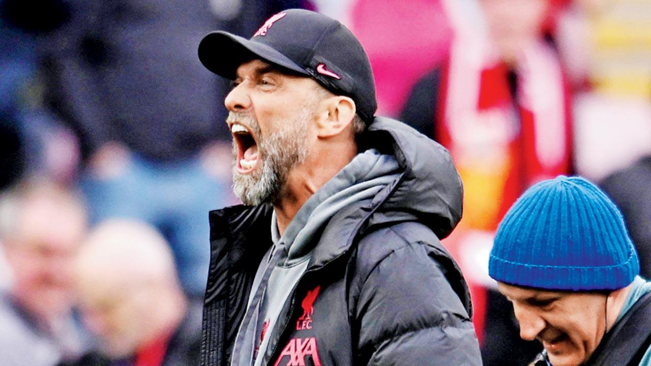 An animated Liverpool manager Jurgen Klopp on the sidelines during his team’s tense 4-3 victory. Pics/AFP