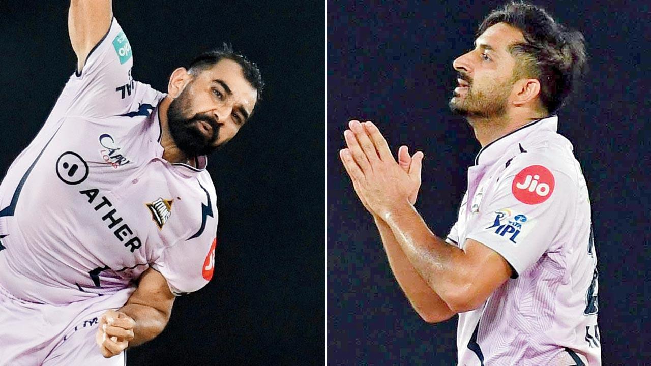 Gujarat Titans pacers Mohammed Shami and Mohit Sharma during their game against Sunrisers Hyderabad in Ahmedabad on Monday. Pics/AFP