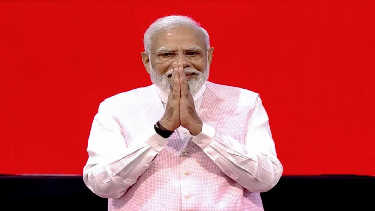 Prime Minister Narendra Modi greets during the inauguration of the International Museum Expo 2023, at Pragati Maidan, in New Delhi on Thursday, May 18. ANI Photo