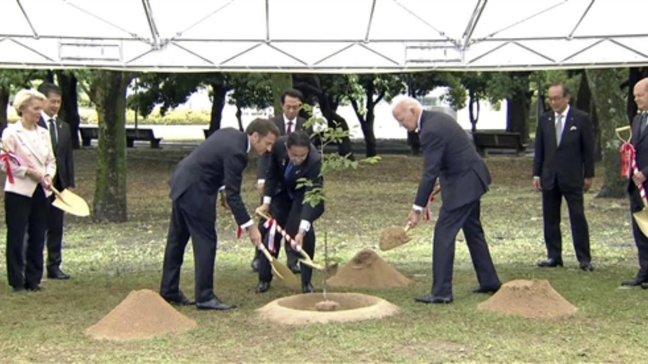 French President Emmanuel Macron, Japanese Prime Minister Fumio Kishida, and U.S. President Joe Biden, plant a tree during a visit at the Peace Memorial Park as part of the G7 Summit in Hiroshima (Pic/PTI)