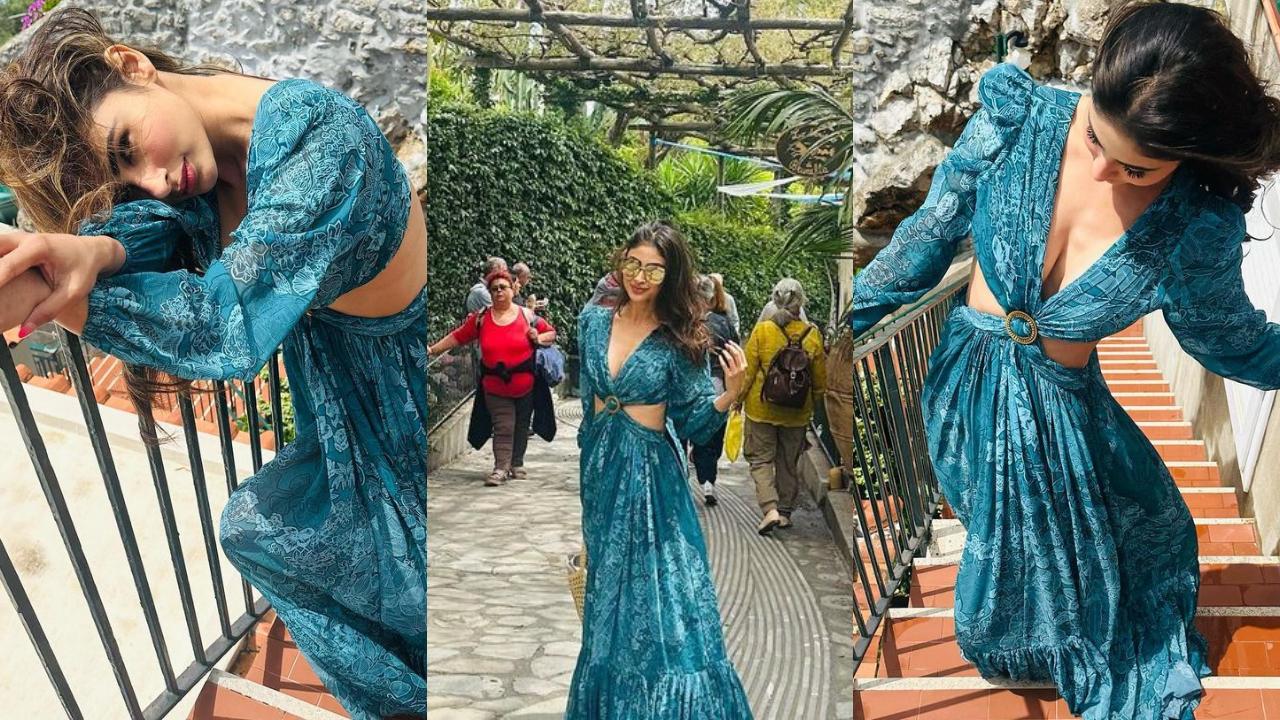 Naagin actress clicked a photo in a deep neck dress where she is seen flaunting her figure by making different poses.