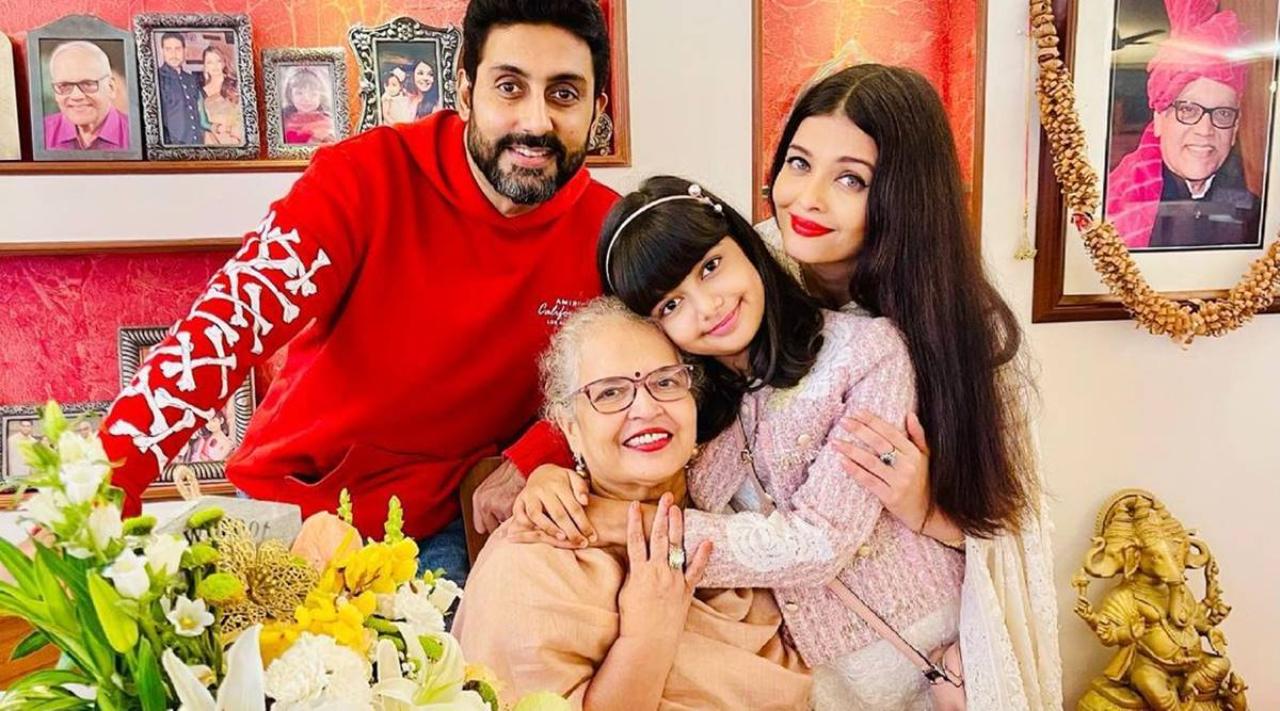 Aishwarya Rai Bachchan often shares pictures of her mother on her Instagram profile. In the above picture, Aishwarya Rai's mother Brindya Rai is seen posing with Abhishek Bachchan and her granddaughter Aaradhya