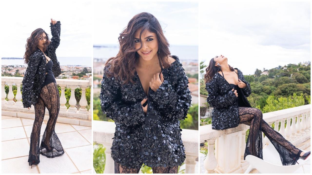 'Yes I Cannes': Mrunal Thakur pairs black sequined jacket with lace pants for a sultry first look