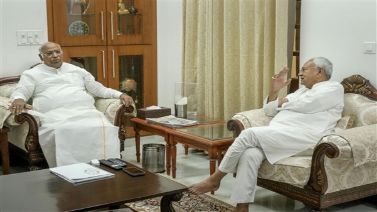 Bihar Chief Minister Nitish Kumar interacts with Congress President Mallikarjun Kharge during a meeting, in New Delhi, Monday, May 22, 2023. PTI Photo
