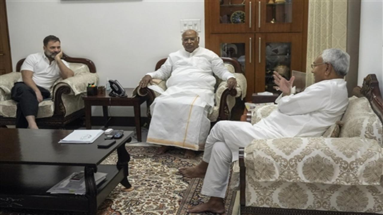 Kumar met Kharge and Gandhi at the Congress chief's 10, Rajaji Marg residence here. Sources said during the meeting the roadmap for strengthening Opposition unity and a possible meeting of Opposition leaders in Patna was being discussed. PTI Photo