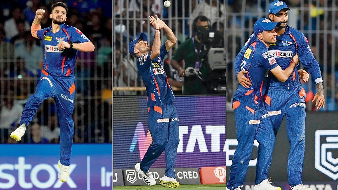 LSG pacer Naveen-ul-Haq is ecstatic after claiming the wicket of MI skipper Rohit Sharma in Chennai yesterday. He bagged 4-38; LSG’s Ravi Bishnoi prepares to take a catch to dismiss MI’s Nehal Wadhera for 23; Deepak Hooda (right) celebrates the wicket of Tilak Varma with teammate Ravi Bishnoi. Pics/PTI, AFP
