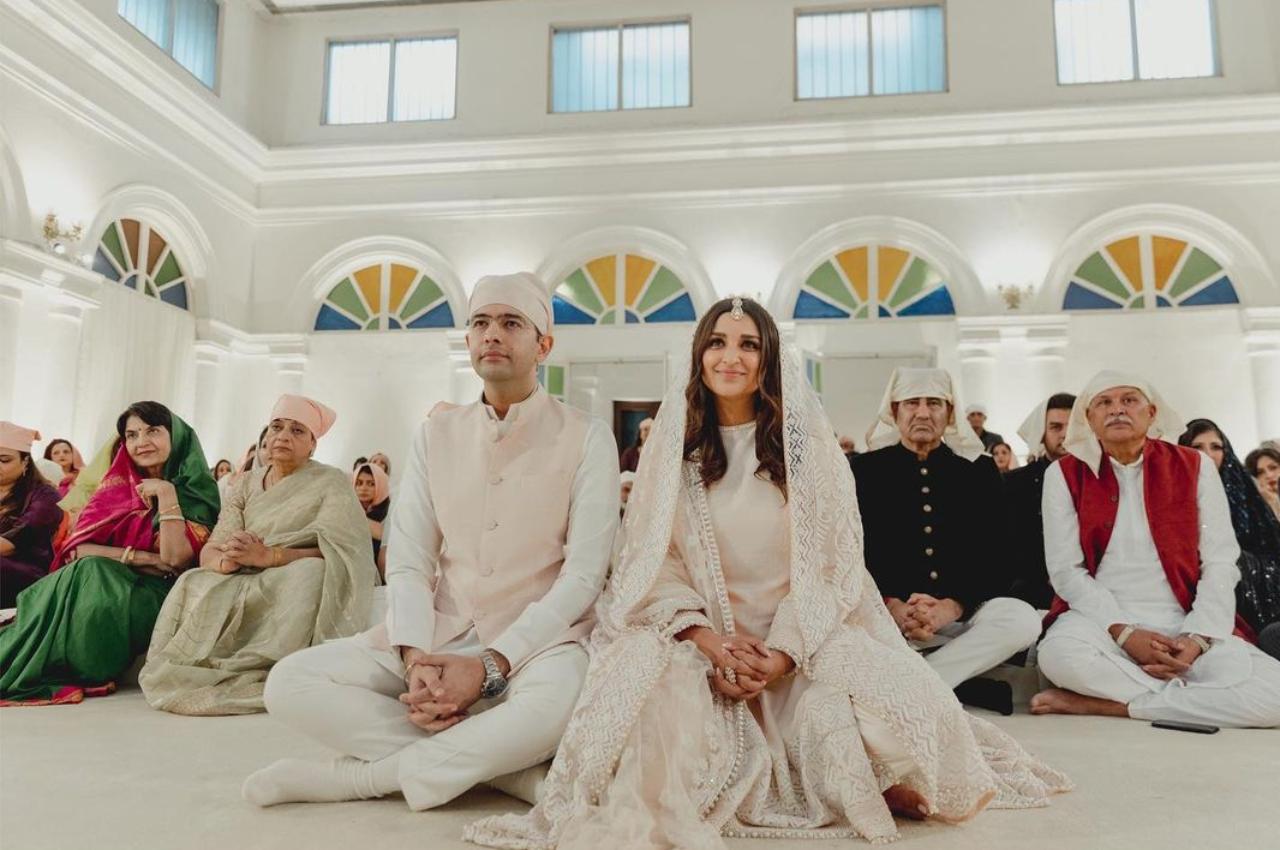 Chadha's seniors in the Rajya Sabha, both representing West Bengal in the Upper House -- ace Supreme Court advocate and Congress spokesperson Abhishek Manu Singhvi with wife, ghazal and Sufi singer Anita Singhvi, and Derek O'Brien, also with wife, Dr Tonuca Basu -- walked in and happily posed for the photographers