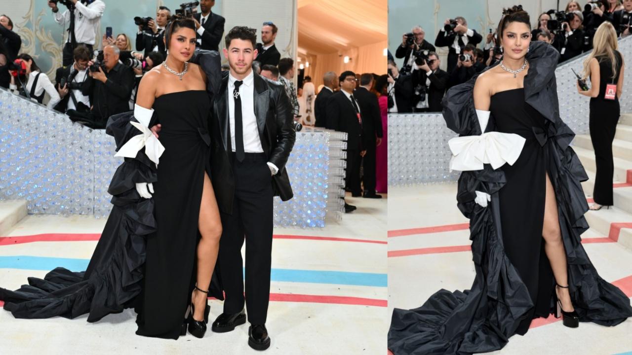 Priyanka Chopra dons a black and white Valentino gown and twins with Nick Jonas. Photo Courtesy: AFP