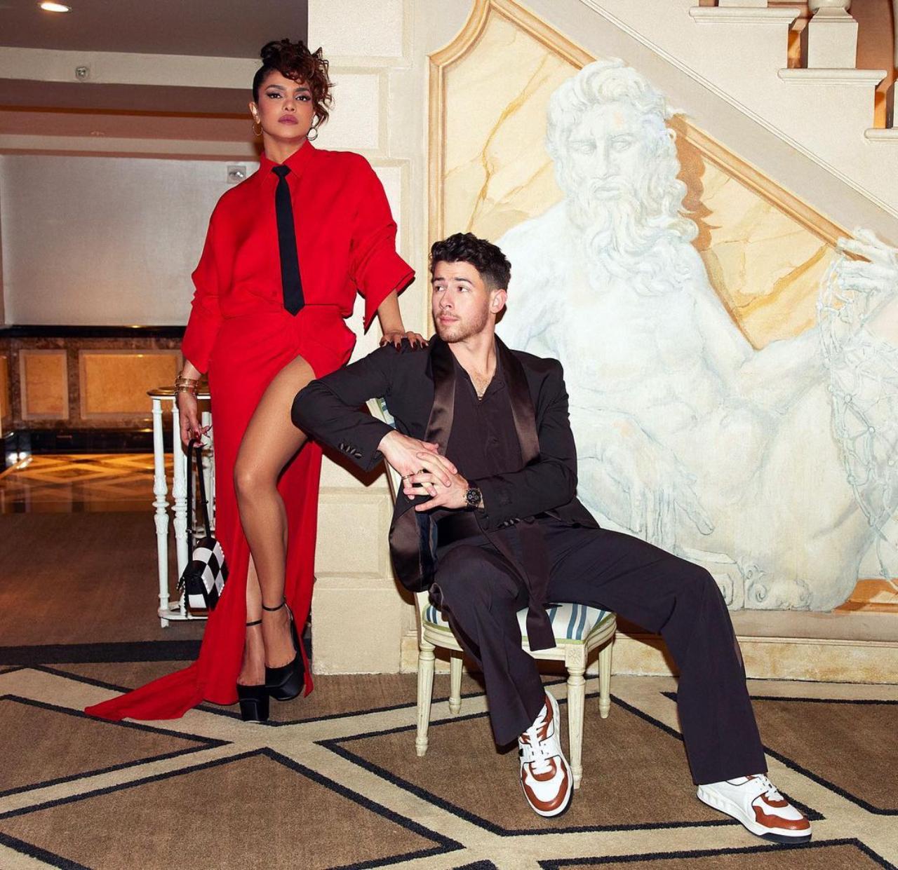 Priyanka Chopra was attired in red clothing and a black necktie. On the other hand, Nick appeared dapper in his black suit. Pictures were posted by the actress herself on her Instagram.