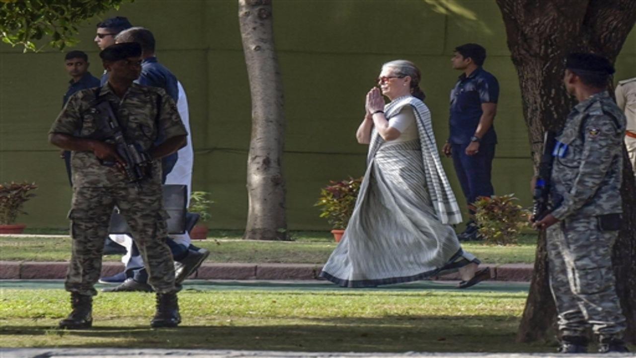 Congress parliamentary party chairperson Sonia Gandhi after paying tribute to former prime minister Rajiv Gandhi on his 32nd death anniversary at Veer Bhoomi of Rajghat in New Delhi on Sunday. ANI Photo