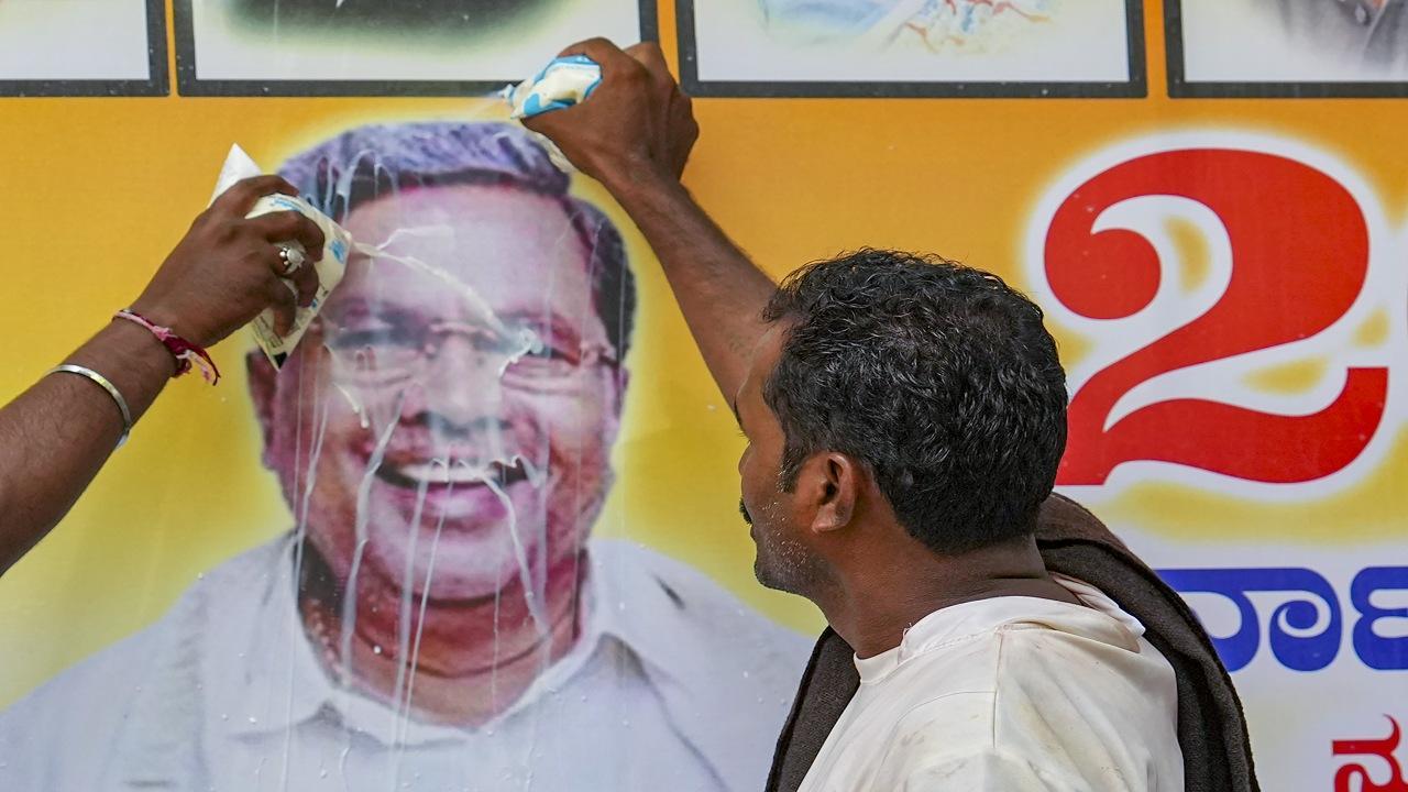 Celebrations outside Chief Minister-designate Siddaramaiah's house in Karnataka
