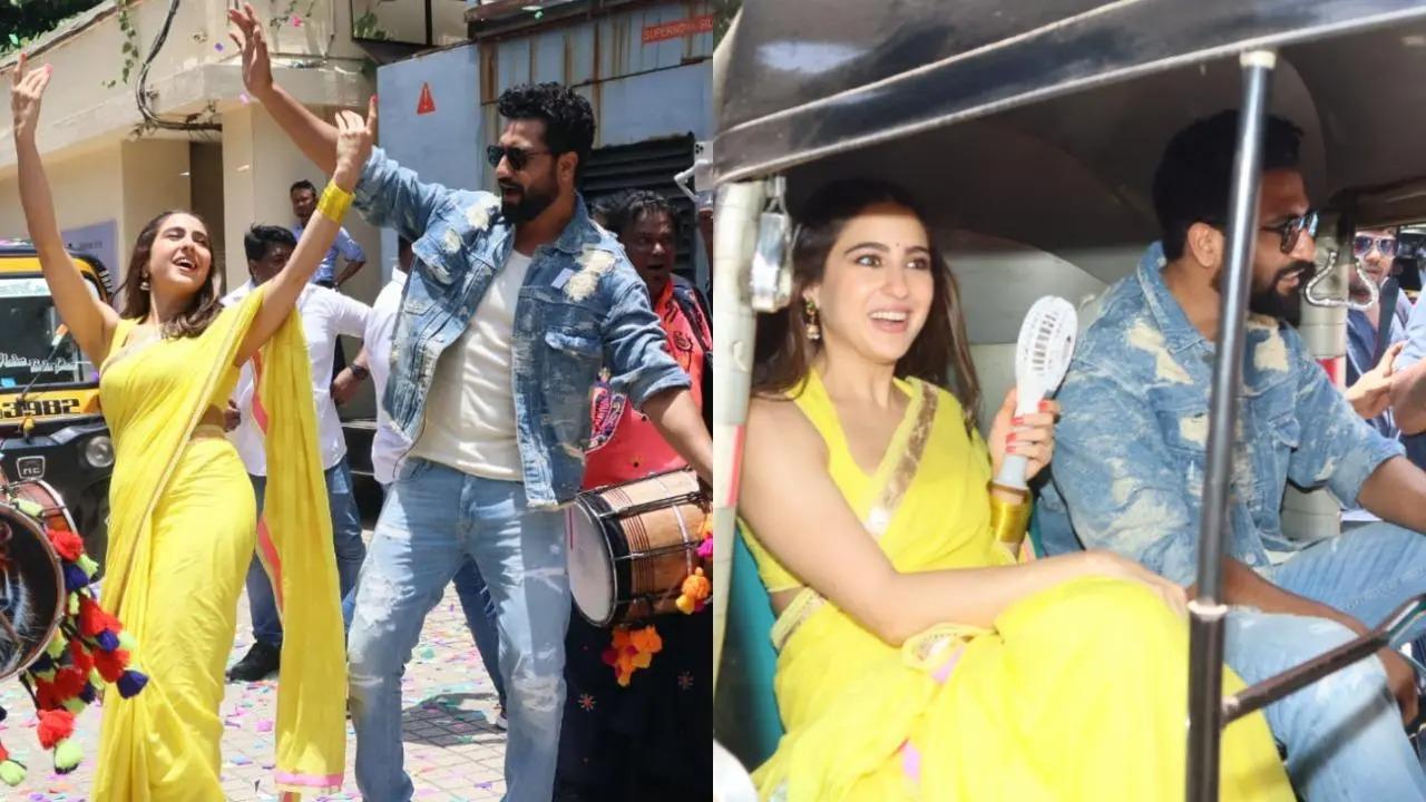 Sara Ali Khan and Vicky Kaushal are all set to be seen together on screen for the first time in the film 'Zara Hatke Zara Bachke'. Ahead of the trailer release of their film, the duo took an auto ride in the city, dropped by Juhu beach and then headed to the trailer launch event in the city. View all pics here
