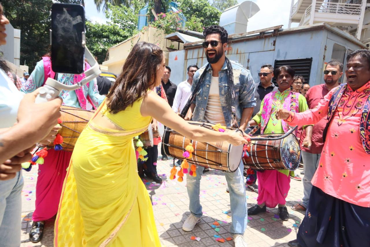 Sara and Vicky also tried their hand at the dhol