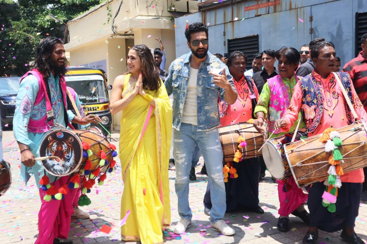 The actors were welcomed with loud dhol music