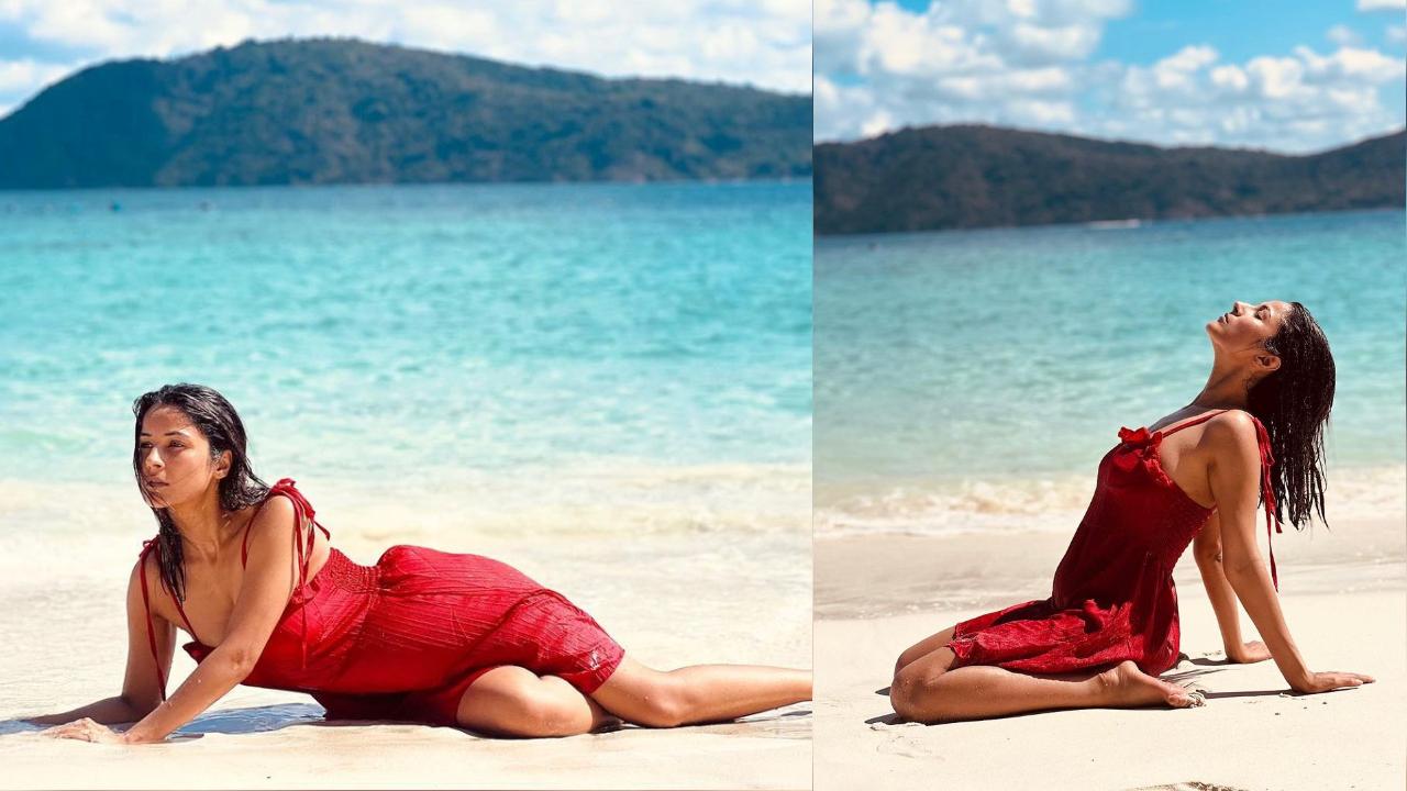 Shehnaaz enjoyed a beach photoshoot, where she was spotted relaxing in a stunning red dress, embracing her natural beauty without any makeup.