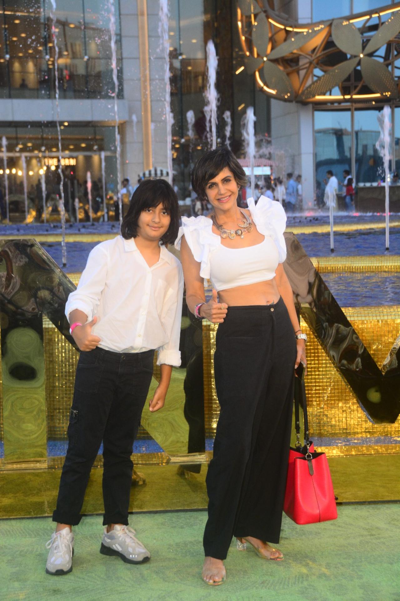 Mandira Bedi twinned with her son in a black-and-white outfit