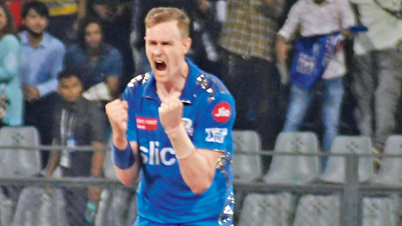Jason Behrendorff celebrates a RCB wicket on Tuesday. pic/ASHISH RAJE