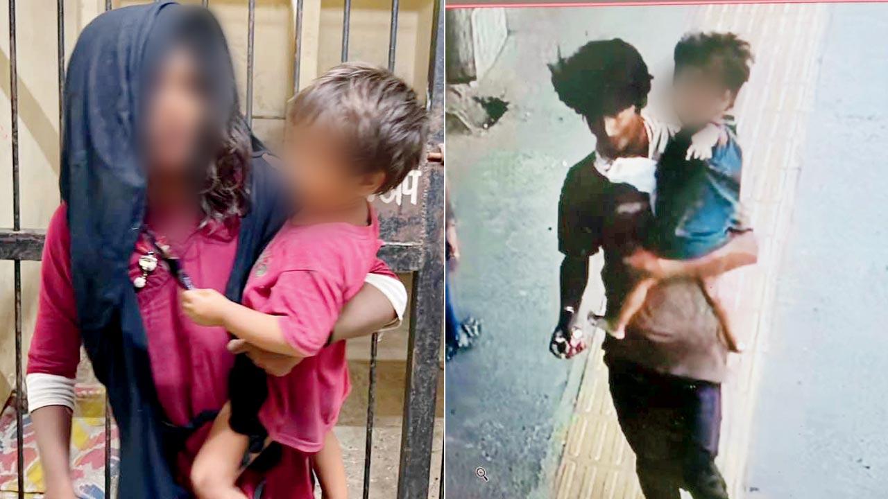 The four-year-old boy was rescued by Vasai Railway police and reunited with his mother. Pic/Hanif Patel; (right) Grab from the CCTV footage showing the kidnapper with the child