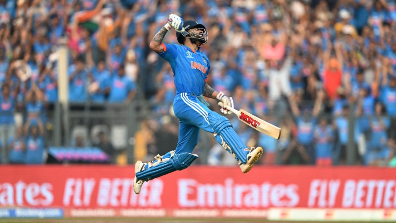 The ICC World Cup 2023 clash between India and New Zealand in Mumbai's Wankhede Stadium saw a record-breaking century from Virat Kohli. He surpassed Sachin Tendulkar's knock of most ODI centuries which is 49. Kohli smashed his 50th ODI ton and celebrated it in his vintage style by punching into the air