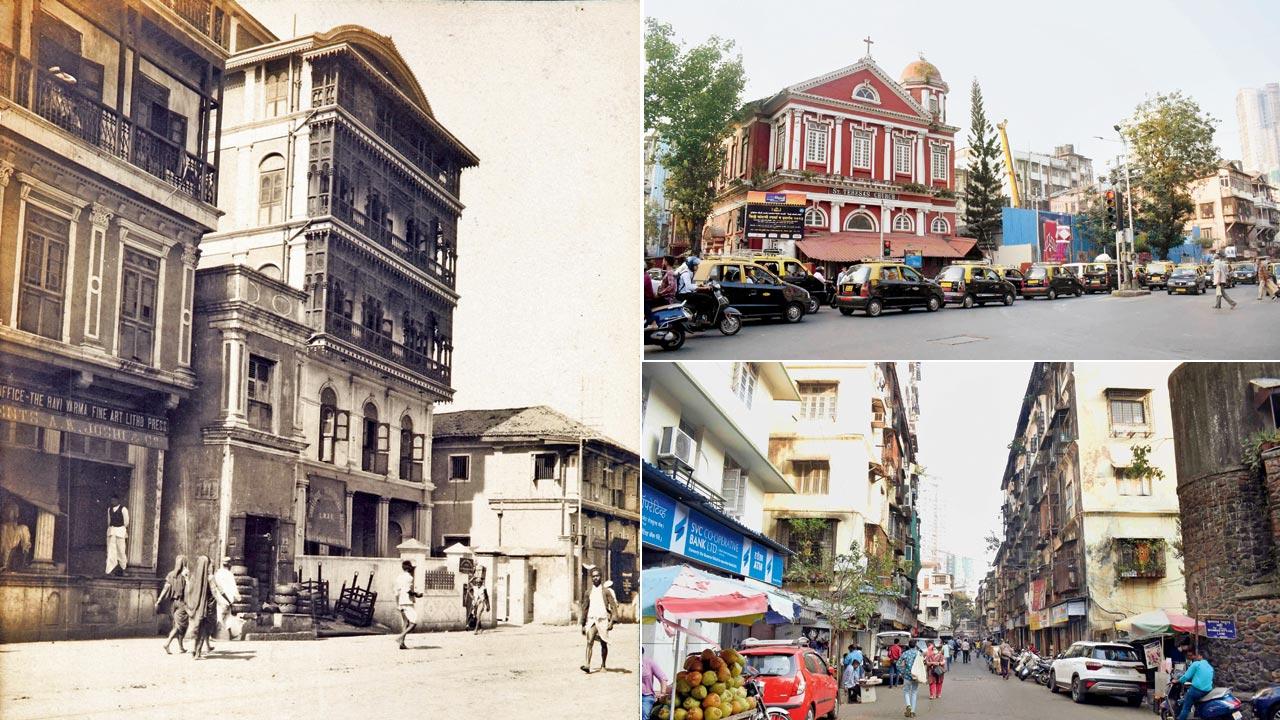 Photograph of the Raja Ravi Varma Press in Bombay. Pic Courtesy/P&G collection, Karlsruhe-Berlin; Conjectured locations of the Press at Girgaum’s Portuguese Church and Proctor Road. Pics/Sameer Markande