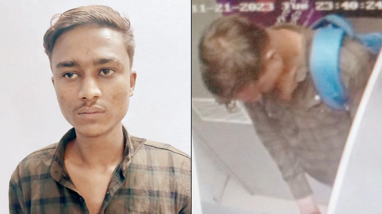 Himanshu Rakesh Tiwari, the accused; (right) A screengrab of footage of the alleged thief at work
