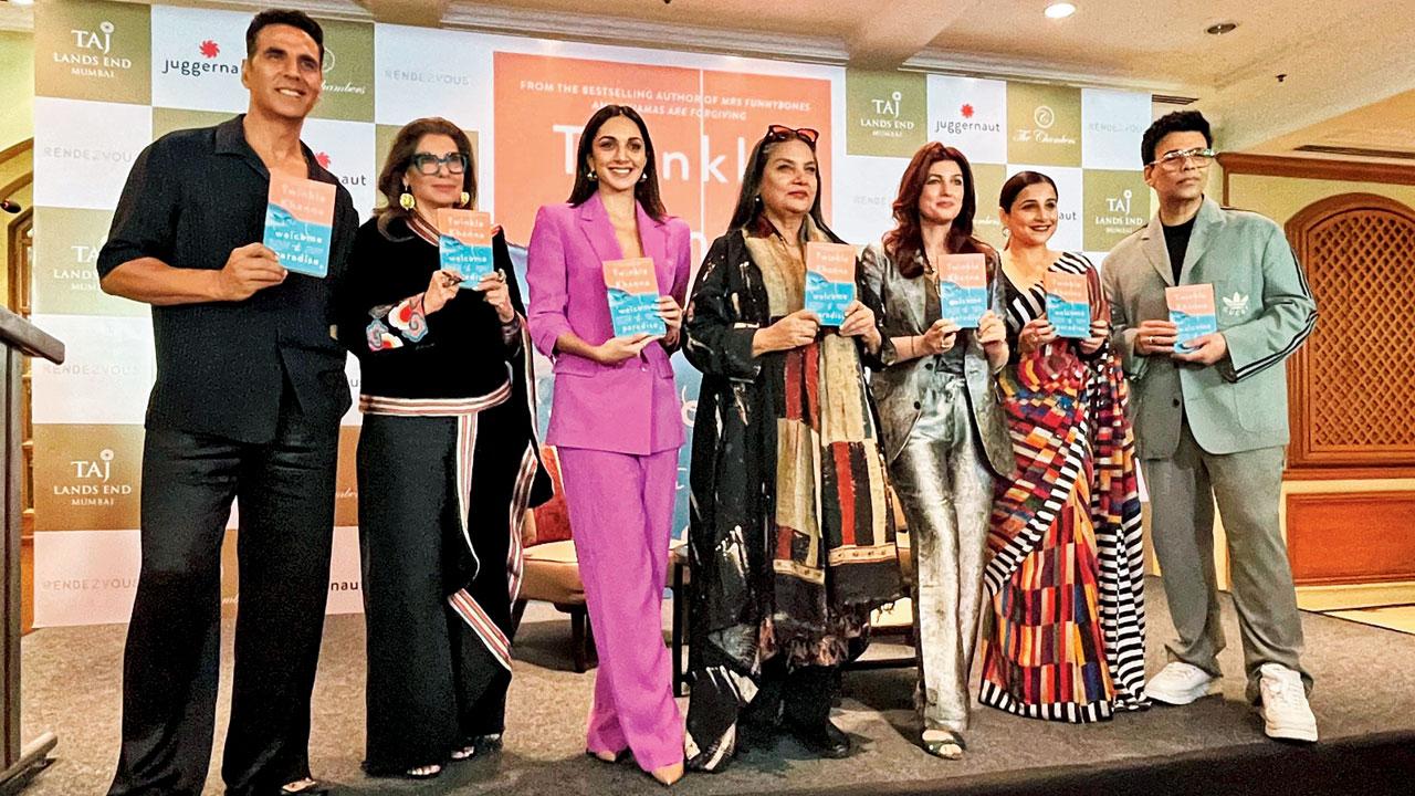 (From left) Akshay Kumar, Dimple Kapadia, Kiara Advani, Shabana Azmi, Twinkle  Khanna, Vidya Balan and Karan Johar at the book launch. Pic/Atul Kamble