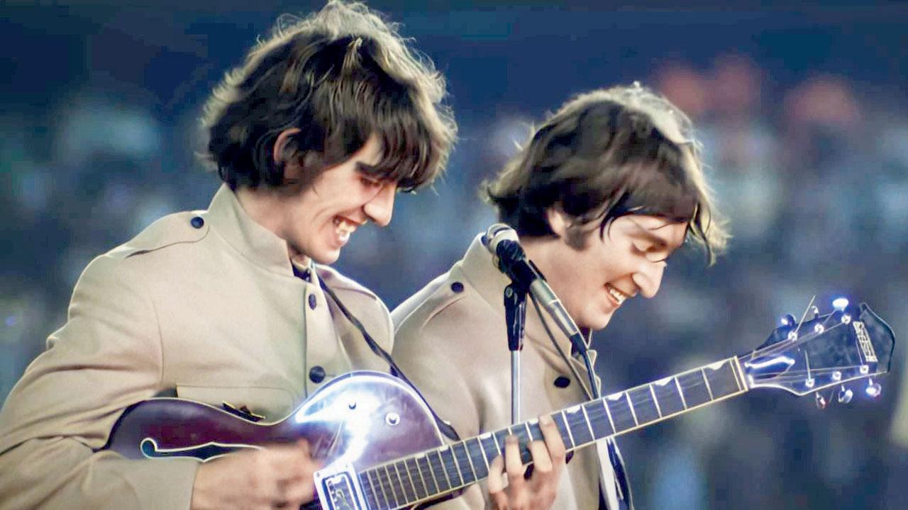 (From left) Harrison and Lennon in a still from the new music video 