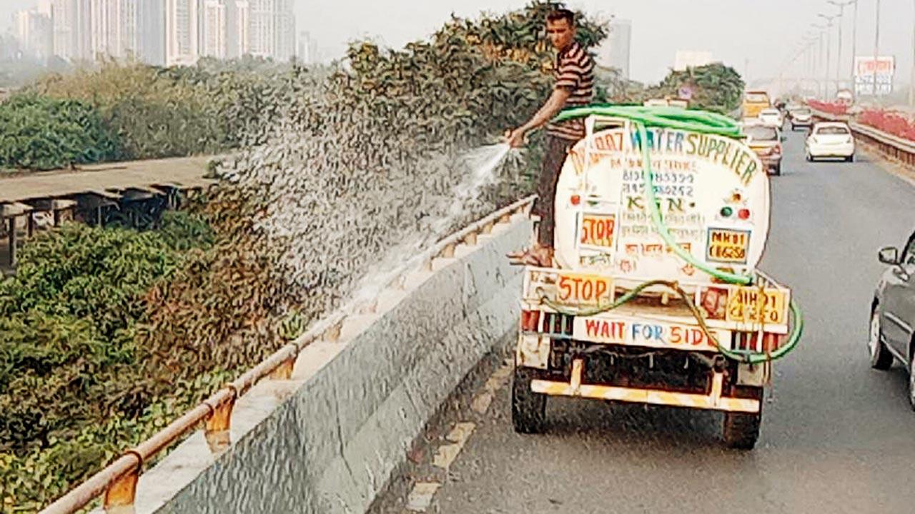Road washing in progress at a flyover in Sewri
