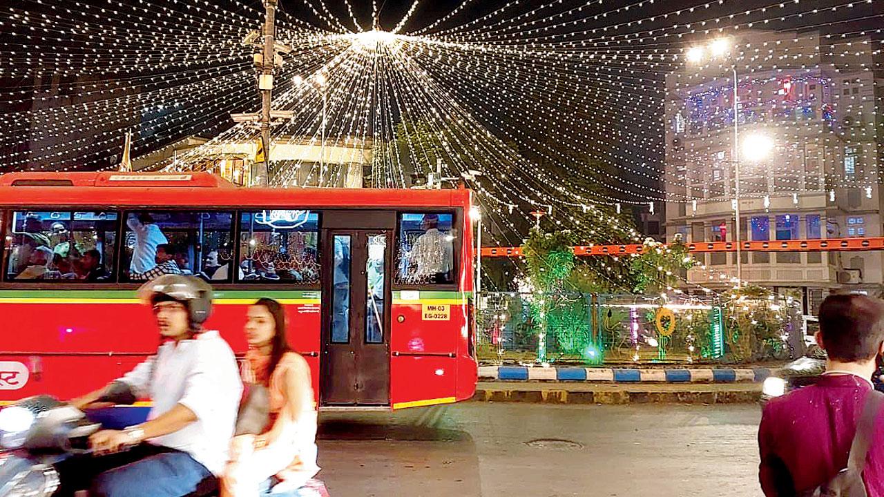 Festive light installations illuminate  the roundabout in Dadar