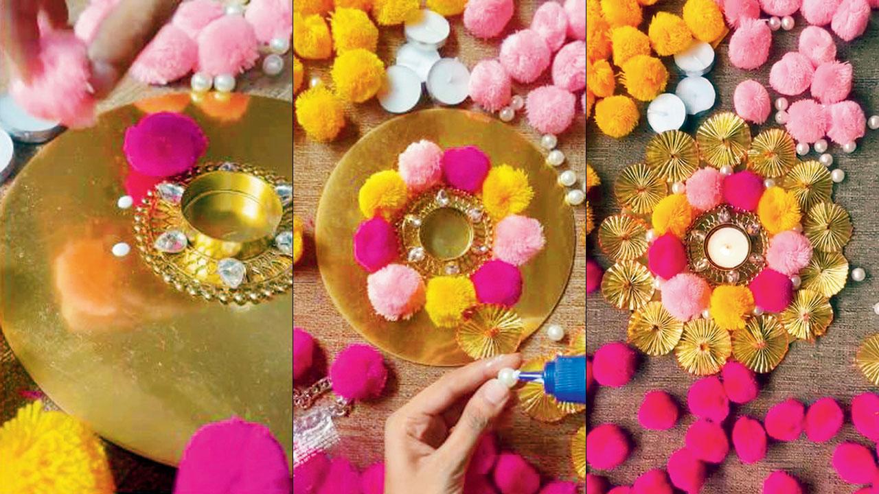 Around the diya stick multi-coloured pom pom woollen balls (left) Use glue to place artificial pearls next to the golden decorative pieces (right) It can be used as an aarti thali and also as a diya decorative. Pics Courtesy/Instagram
