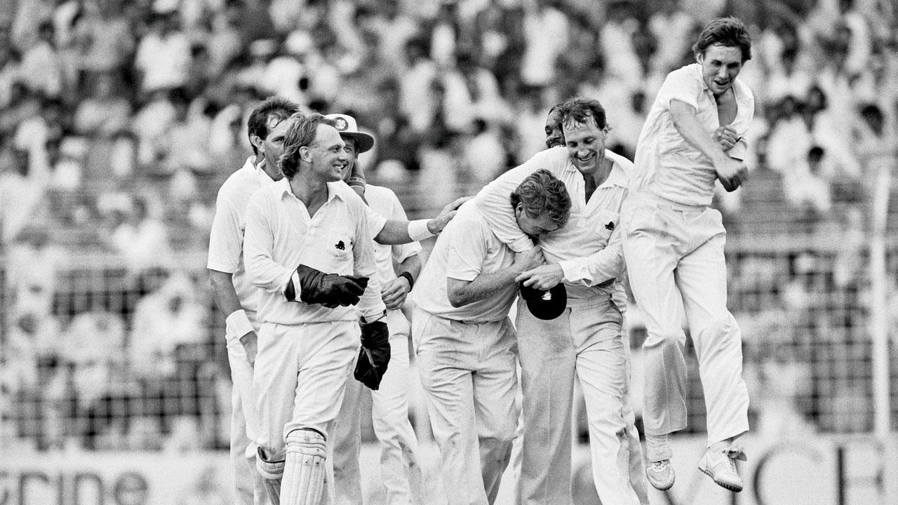 The England team celebrate their 1987 World Cup semi-final win over India at the Wankhede Stadium. PIC/GETTY IMAGES